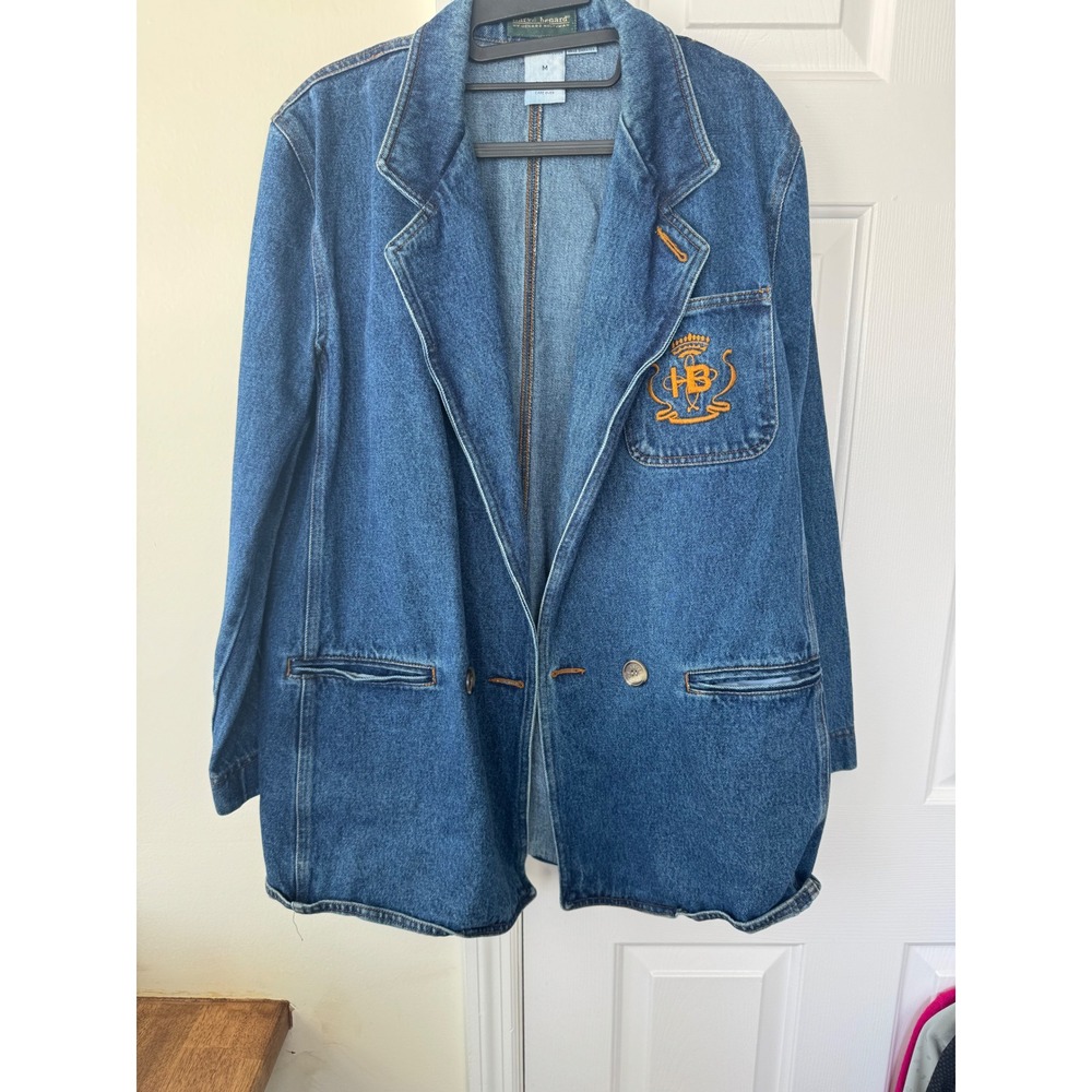 Harve Benard Denim Blazer Jacket Medium Wash Embroidered Crest Oversized Size M‎